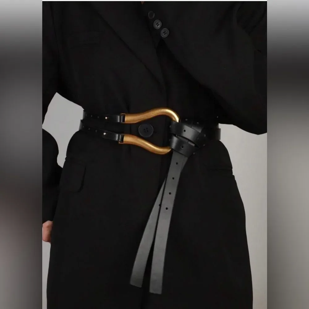 NEW! O/S BLACK Horse-bit  Strappy Belt with Gold Loop Accent